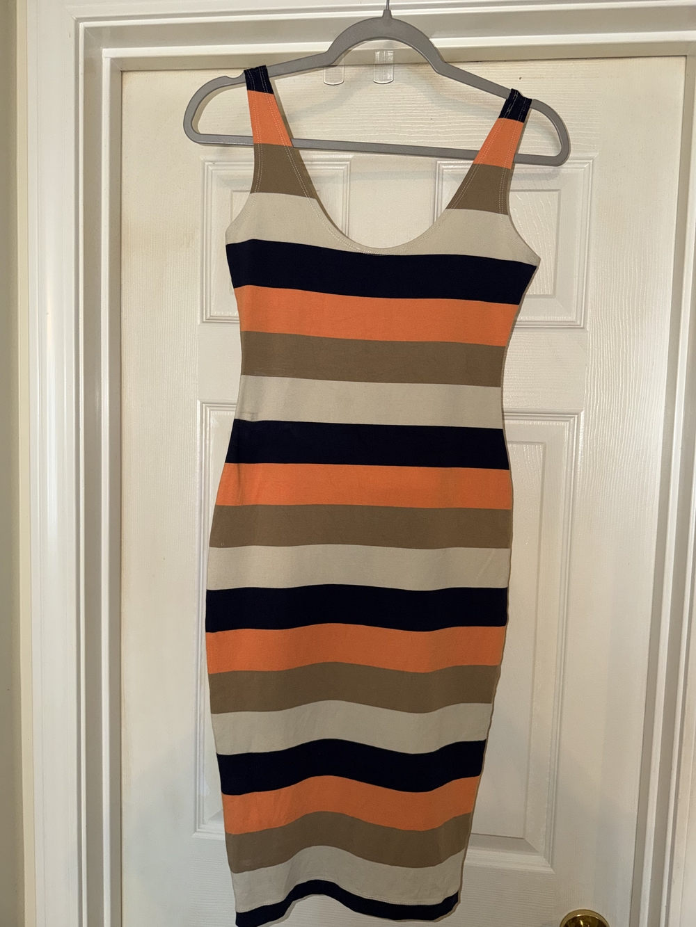 Twenty Striped Sleeveless Midi Dress in Orange, Navy, Tan, Cream